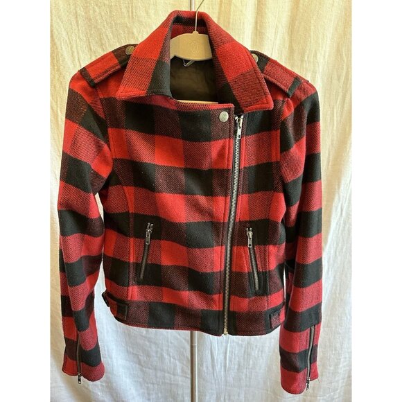 Fatal Charm Red Plaid Asymmetrical Moto Jacket Coat Small - Picture 2 of 11